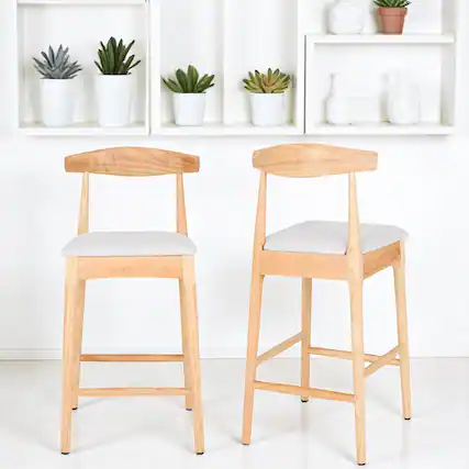 Front. HTUTWOO - Mid-Century Bar Stools Set of 2, Solid Wood Counter Height Chairs with Upholstered and Back for Kitchen Island - Beige.