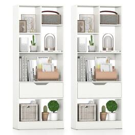 Costway - 2 PCS 51" Tall Bookcase with Drawer 7 Open Cubes Anti-toppling Kits for Study Home - White