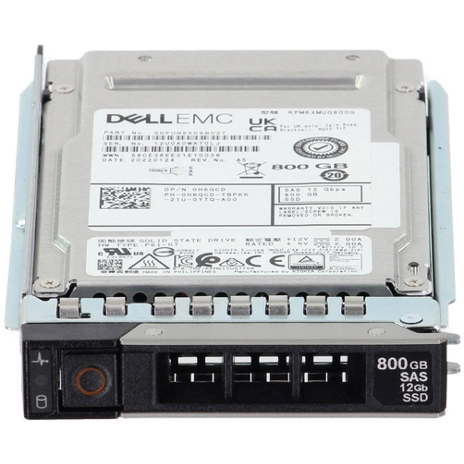 KPM6XMUGBOOO  
DELL EMC UK  
For o.e CA  
PART No SDFUN8SDABO2T  
SER NO 12UOAOWATOLJ  
WWN 68OE3BEE21E10038  
DATE 20220124  
REV. No. AS  
800 GB 20 DP/N OH6GCD  
PH-0H60CD-TBPKK  
21U-OYTQ-A0O  
SAS 12 Gb/s  
800 GB SAS 12Gb SSD  
ARRANTY VOID IF ANY CADEL-SCREW REMOVED OR BROKEN  
SOLID STATE DRIVE  
SM  
2V  
HW TYPE P61-07  
RATED 5V  
RIORIA  
LR UN SALUN  
SSS  
KC  
CRACE - ETu  
PRILIPPINES  
SEOL 2 00A 2 00A