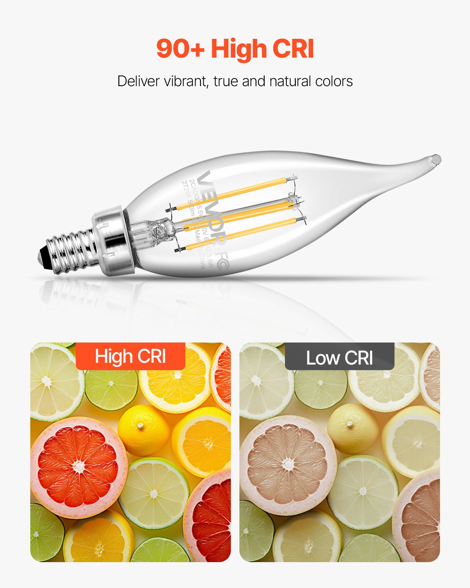 90+ High CRI  
Deliver vibrant, true and natural colors  

High CRI  
Low CRI  

2725K  
5.5W  
Made in China  
FC  
6dHZ  
6.5W