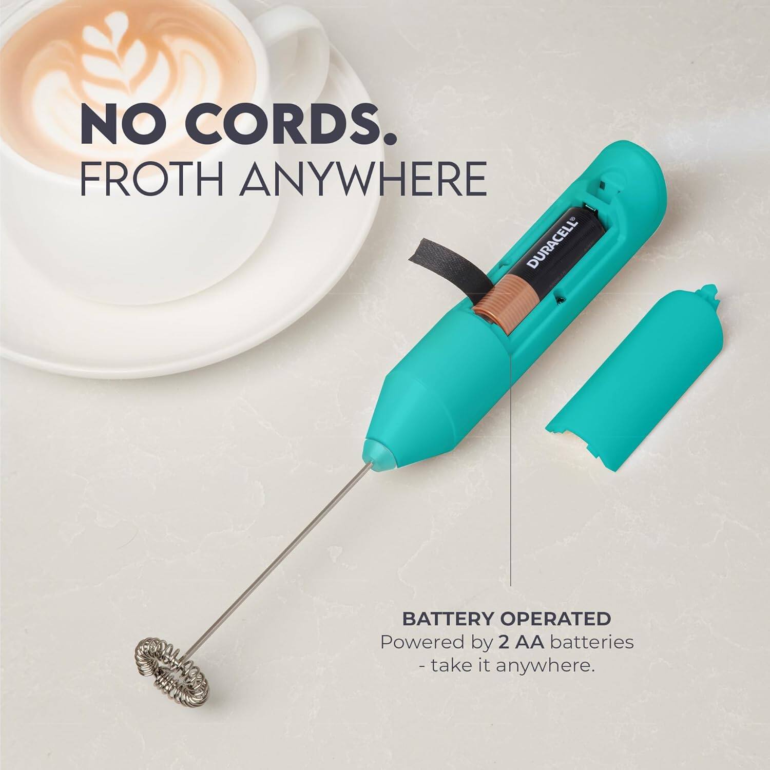 NO CORDS. FROTH ANYWHERE

DURACELL BATTERY OPERATED
Powered by 2 AA batteries - take it anywhere.