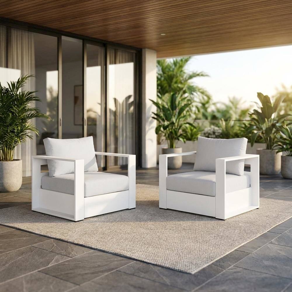 Angle. Outdoor Escape - 2-Piece Outdoor Aluminum Armchair Set, Powder-Coated Finish, Comfortable Cushion - White.