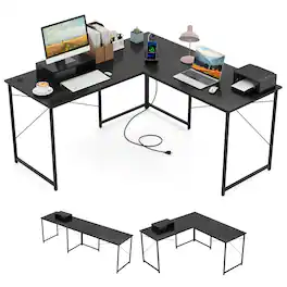 Gymax - L-Shaped Reversible Computer Desk 2-Person Long Table w/Monitor Stand - Black