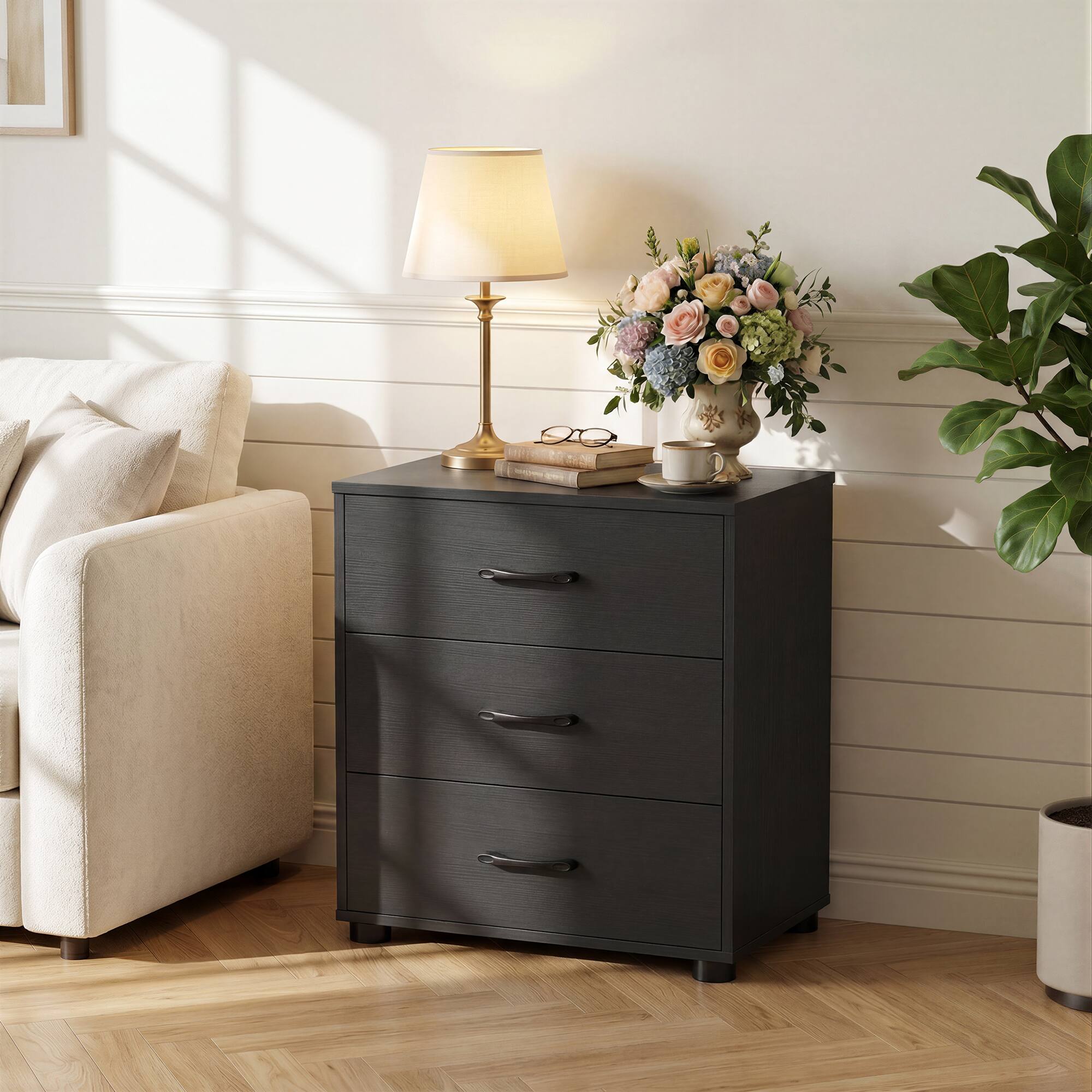 Alt View 4. Aheaplus - Nightstand with 3 Drawers and Charging Station, 21.6'' Wide Bedside for Storage - Black.