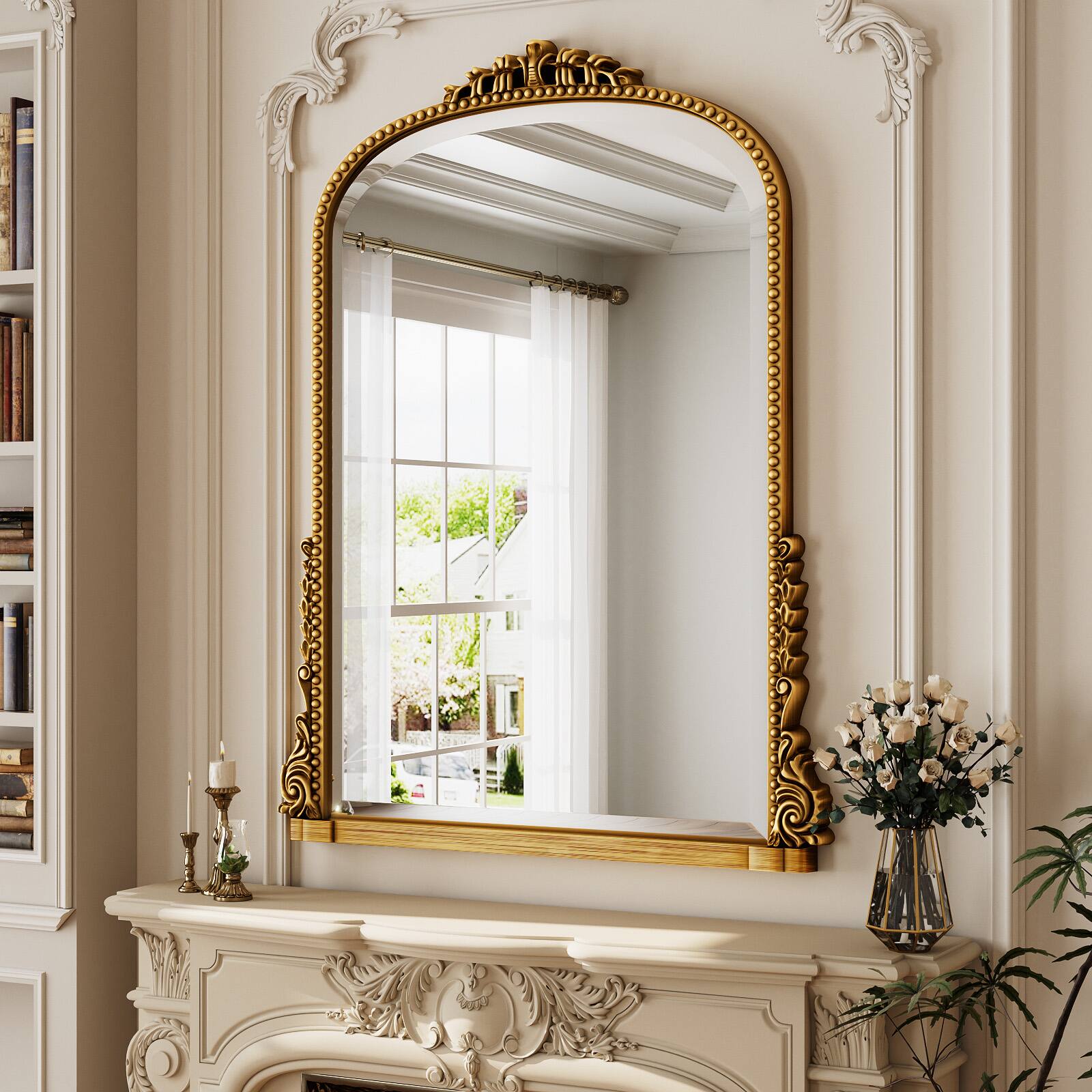 Angle. Easly - Antique Gold 24 in. W x 32 in. H Carved Arched PU Frame Vanity Wall Mirror - Gold.