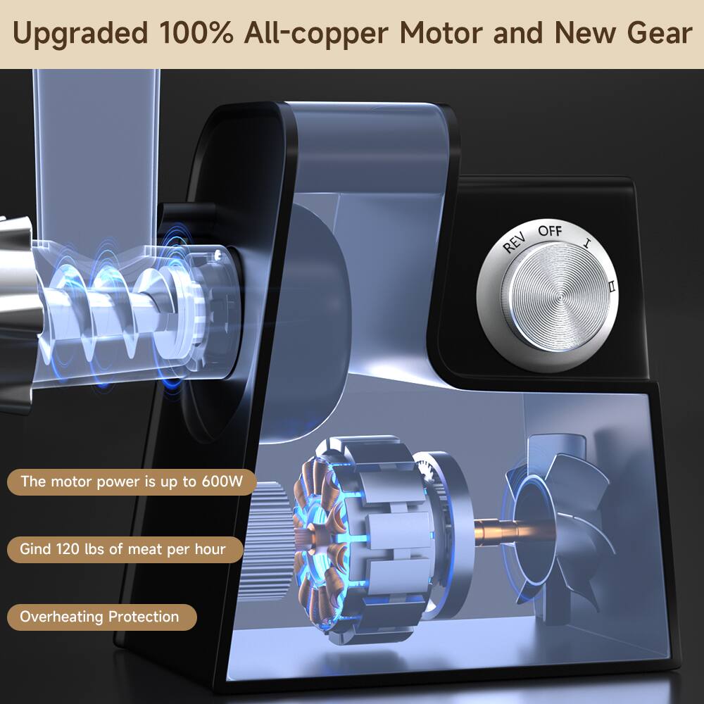Upgraded 100% All-copper Motor and New Gear

- The motor power is up to 600W
- Grind 120 lbs of meat per hour
- Overheating Protection