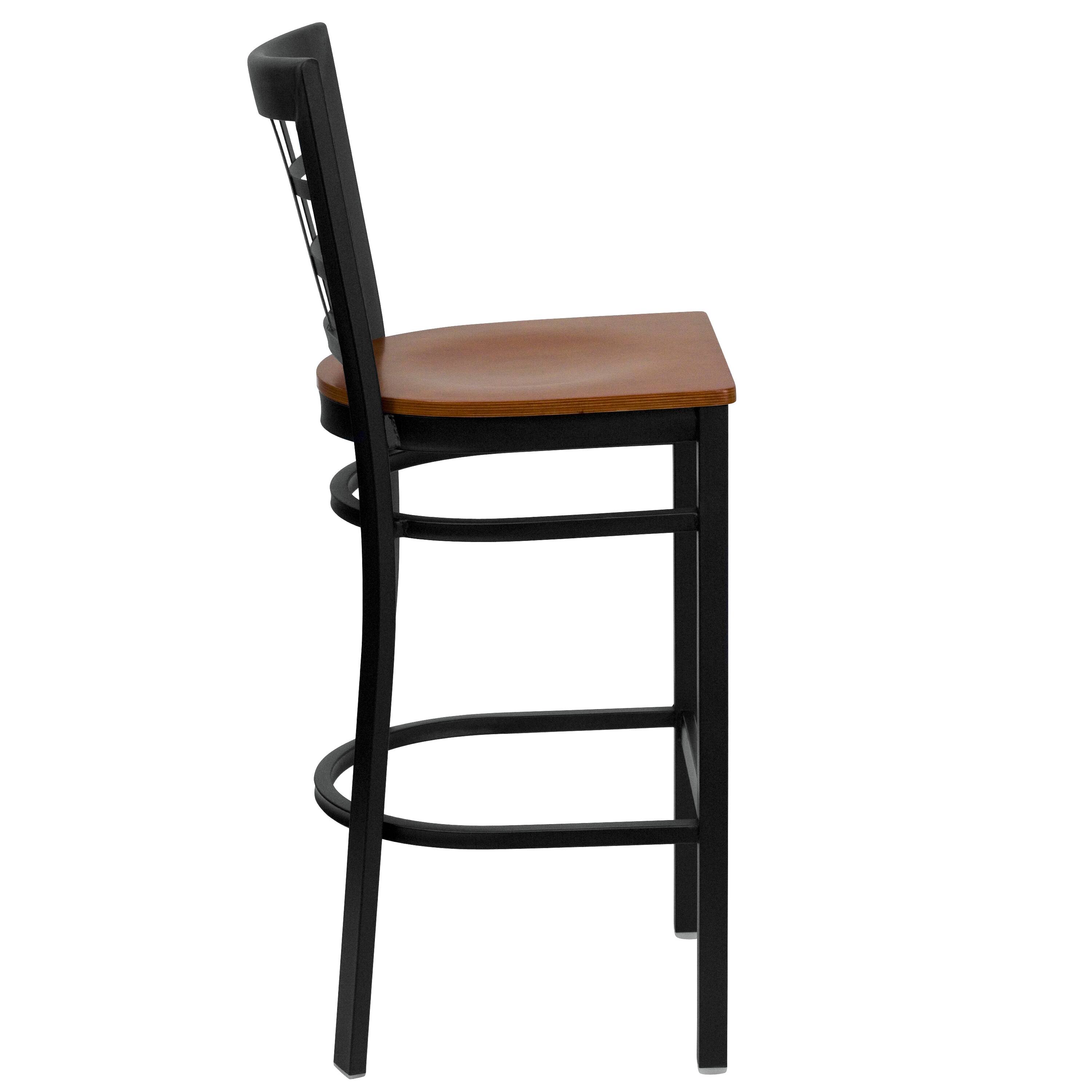 Alt View 4. Emma + Oliver - Window Back Metal Restaurant Dining Barstool - Cherry Wood Seat/Black Metal Frame.