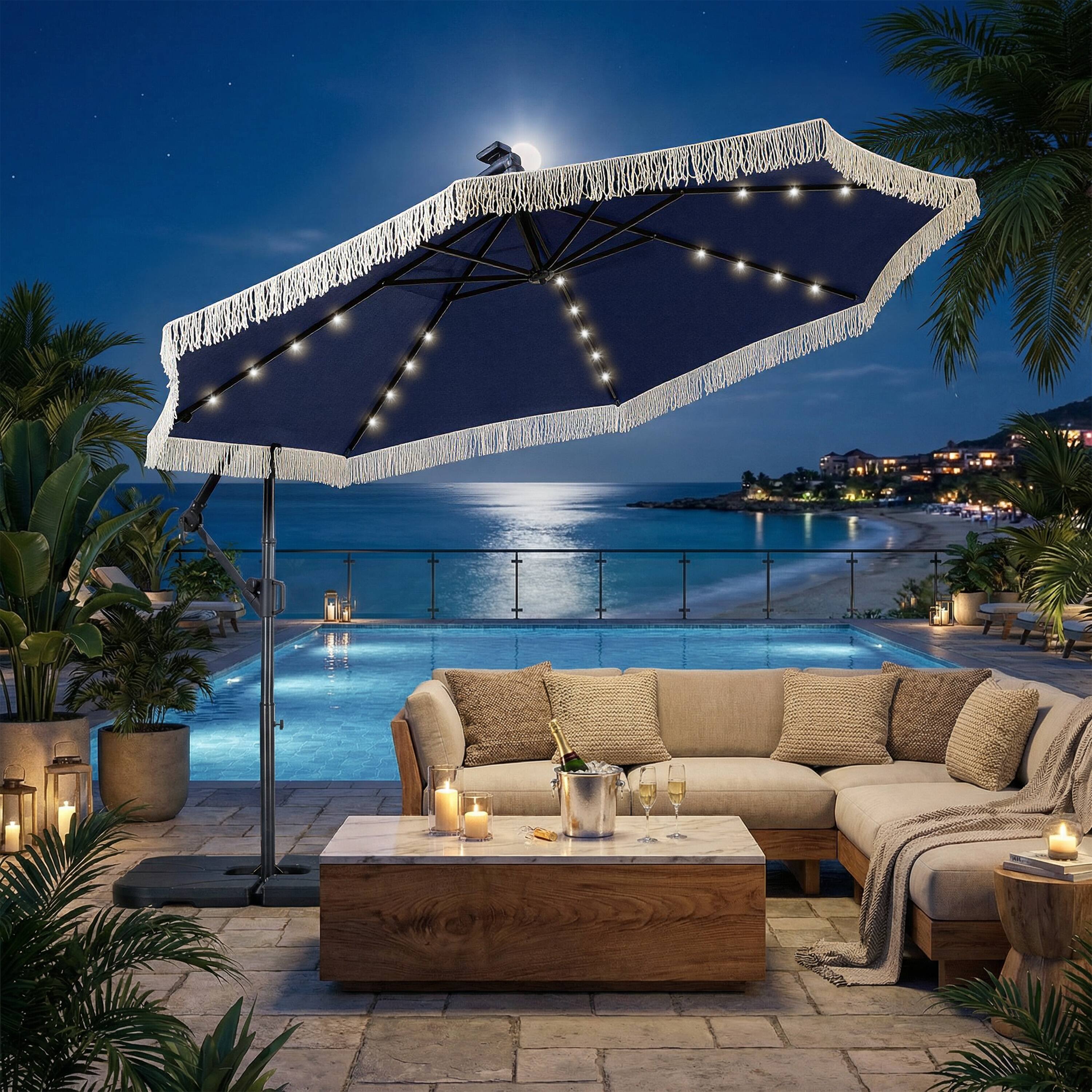 Alt View 2. Mondawe - 10ft Patio Offset Hanging Lighted Umbrella with Tassels - Navy.