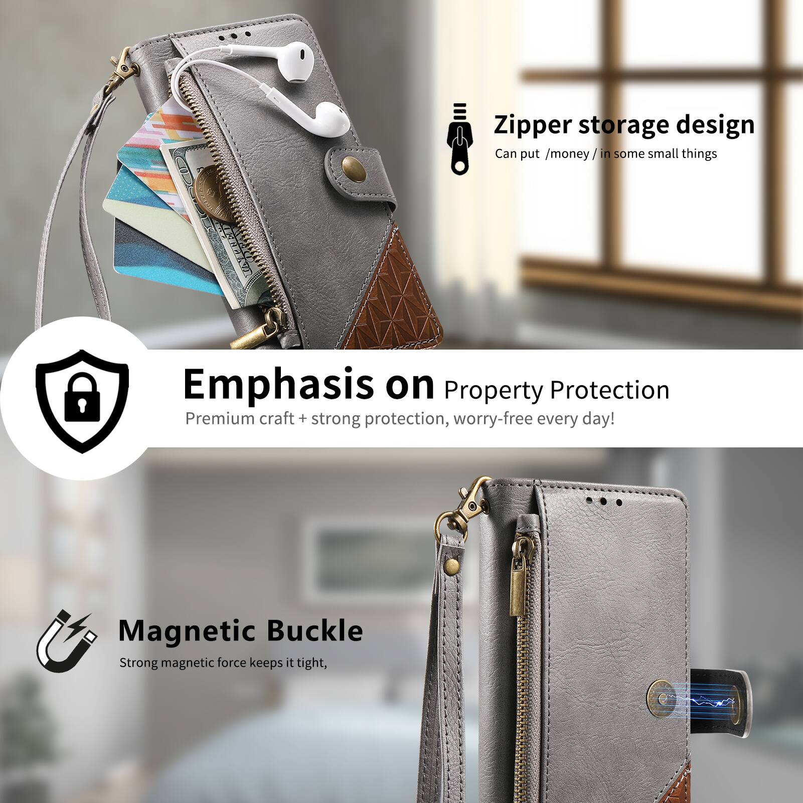 Zipper storage design  
Can put /money/ in some small things  

Emphasis on Property Protection  
Premium craft + strong protection, worry-free every day!  

Magnetic Buckle  
Strong magnetic force keeps it tight,