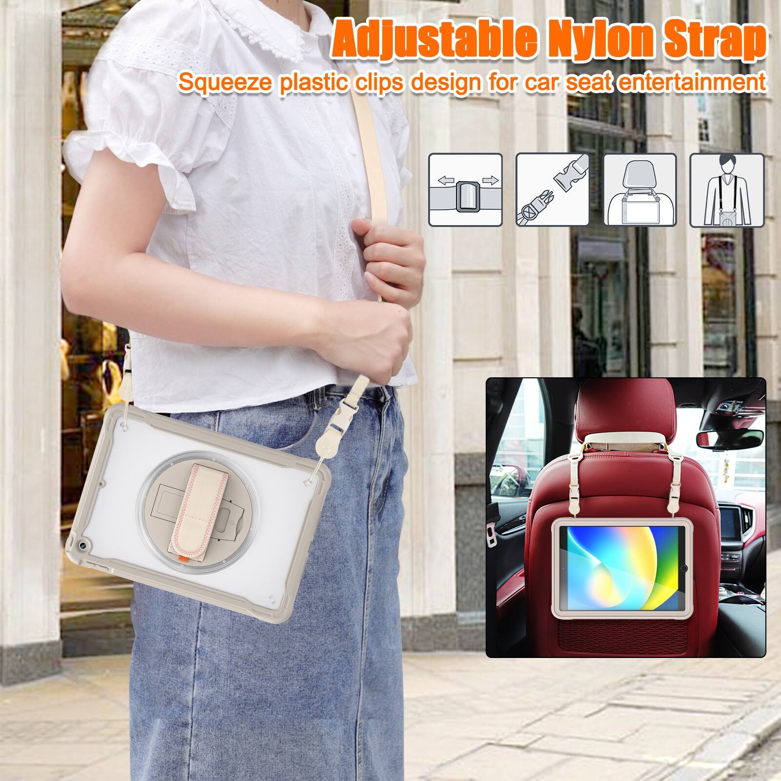 Adjustable Nylon Strap  
Squeeze plastic clips design for car seat entertainment