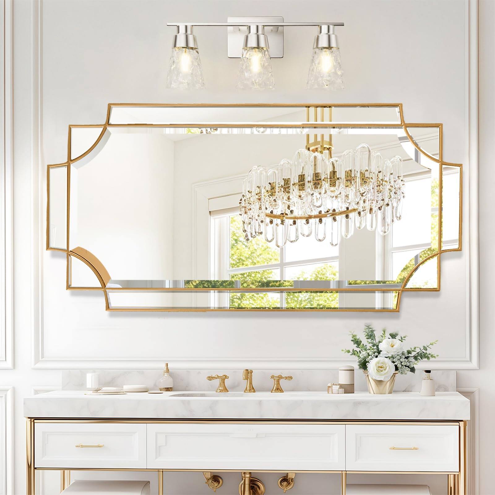 Left. TECH SAFARI - Mirror For Wall Large Decorative Mirrors Decor Polished Bevelled Full Length Long Living Room Bathroom Bedr - Gold 36"L x 24"W.