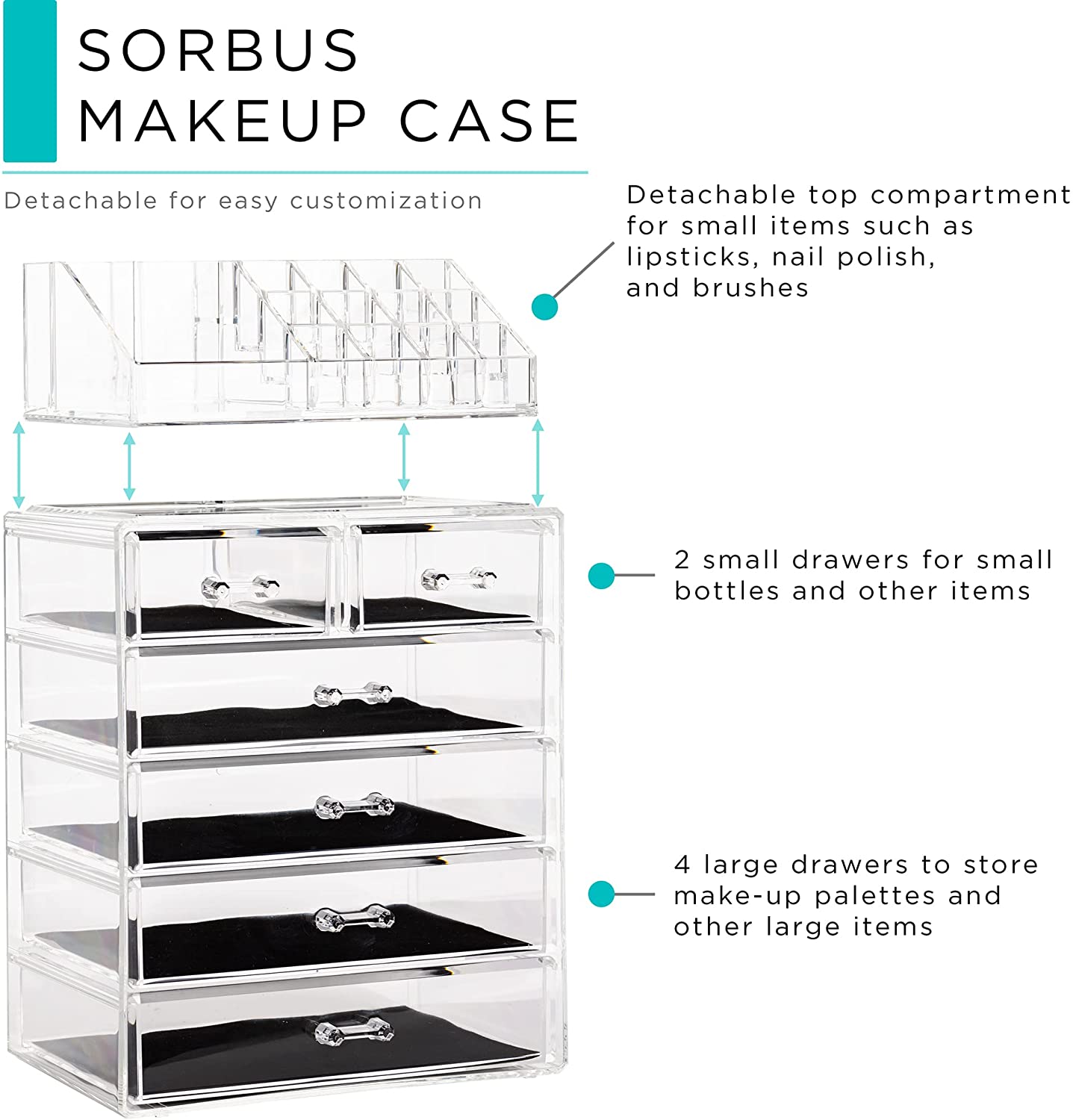 SORBUS MAKEUP CASE

- Detachable for easy customization
- Detachable top compartment for small items such as lipsticks, nail polish, and brushes
- 2 small drawers for small bottles and other items
- 4 large drawers to store make-up palettes and other large items
