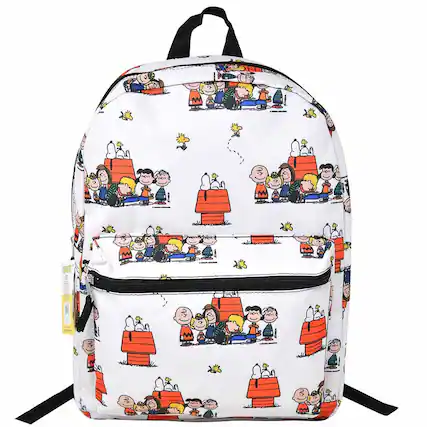 Front. Peanuts - White Charlie Brown and the Peanuts 16" Nylon School Backpack for Kids, with a front Pocket - Assorted Pre-Pack.