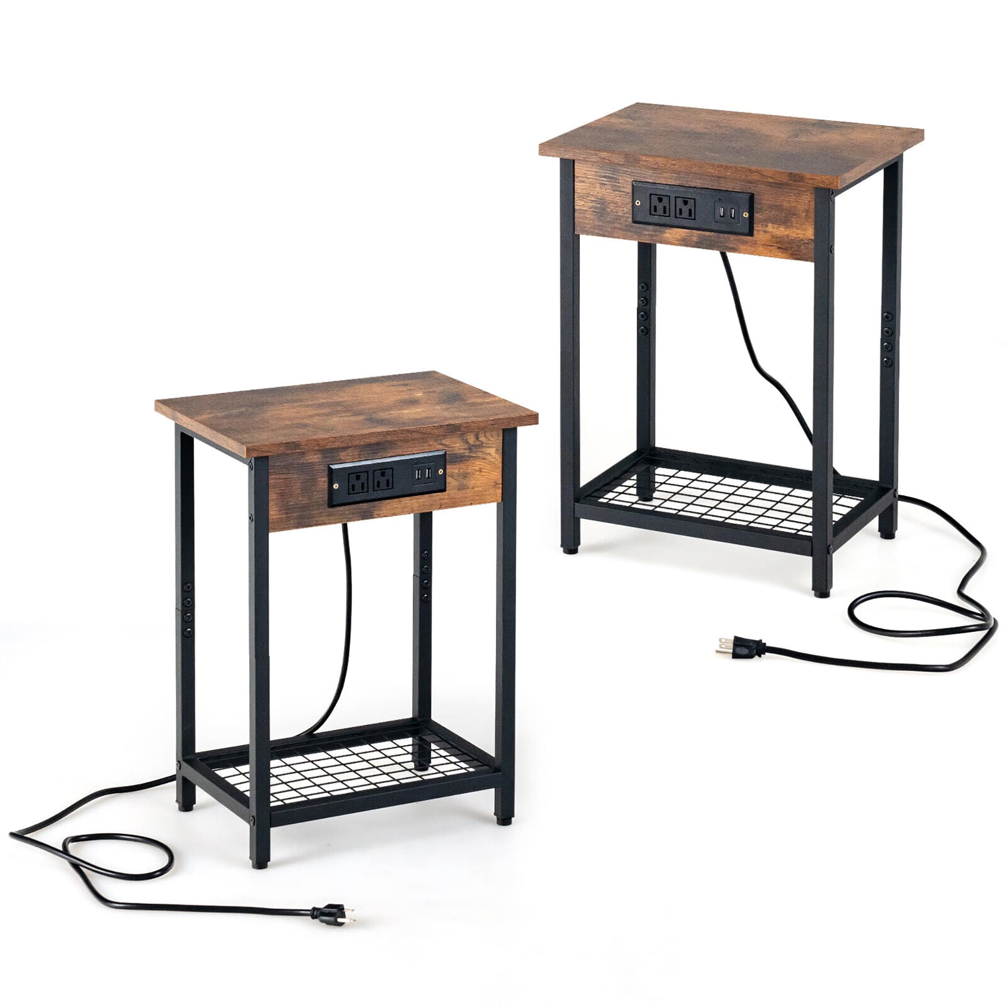 Gymax - 2PCS Bedside Sofa Tables Nightstand w/ Charging Station for Bedroom Living Room - Rustic Brown price history on PriceWatchPro