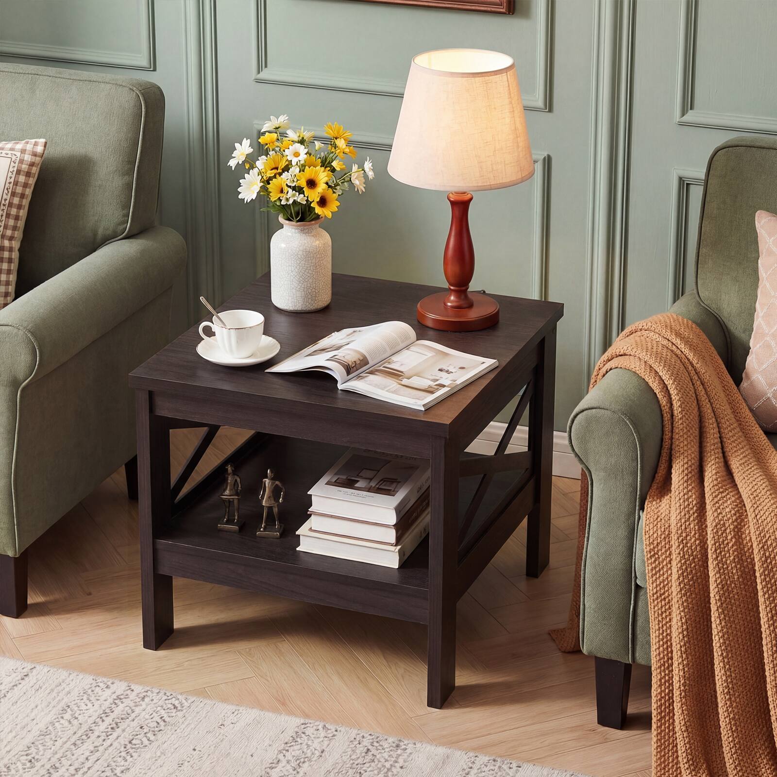 Alt View 3. Costway - Costway 1 PCS 2-Tier End Table with Storage Shelf & X-Frame, 24" Farmhouse Nightstand for Bedroom - Brown.