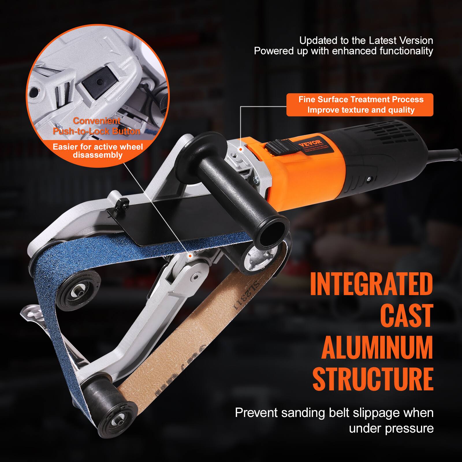 Updated to the Latest Version  
Powered up with enhanced functionality

Convenient Push-to-Lock Button  
Easier for active wheel disassembly

Fine Surface Treatment Process  
Improve texture and quality

INTEGRATED CAST ALUMINUM STRUCTURE  
Prevent sanding belt slippage when under pressure