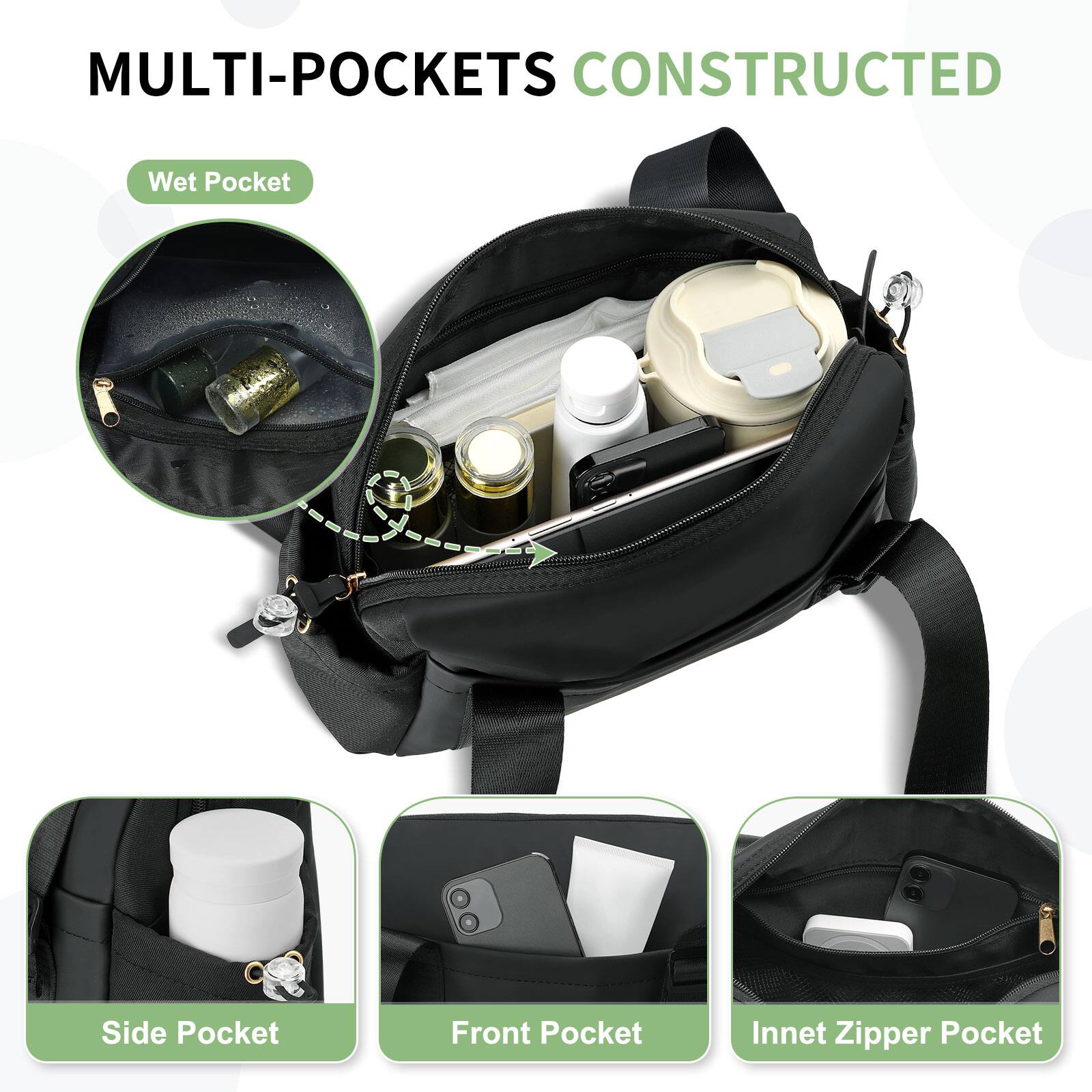 MULTI-POCKETS CONSTRUCTED

- Wet Pocket
- Side Pocket
- Front Pocket
- Innet Zipper Pocket