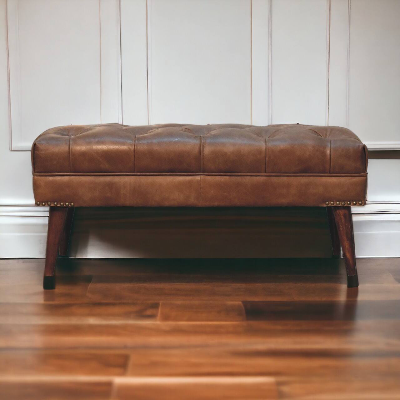 Angle. Artisan Furniture - Artisan Furniture Solid Wood Harbour Brown Leather Bench, Upholstered, Brown - Brown.