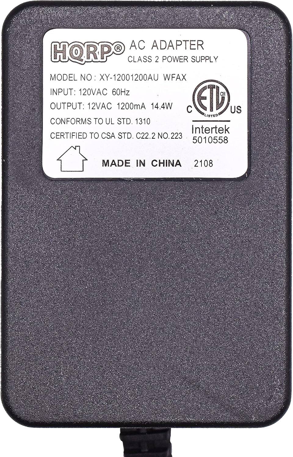 AC ADAPTER  
CLASS 2 POWER SUPPLY  
MODEL NO: XY-12001200AU WFAX  
INPUT: 120VAC 60Hz  
OUTPUT: 12VAC 1200mA 14.4W  
CONFORMS TO UL STD. 1310  
CERTIFIED TO CSA STD. C22.2 NO. 223  
MADE IN CHINA  
2108