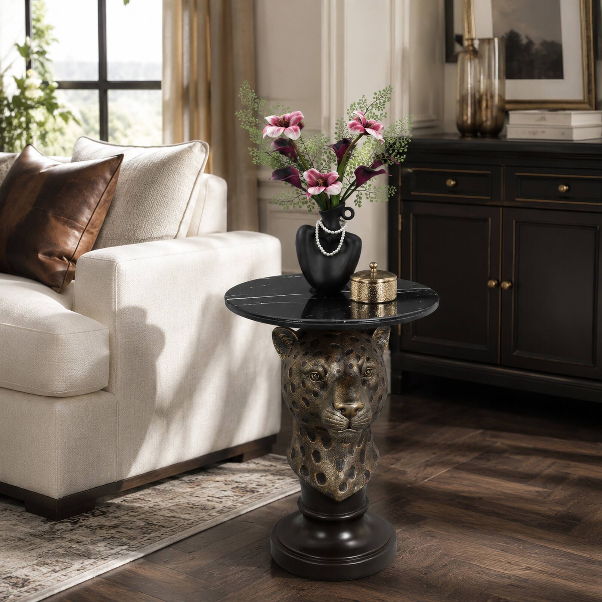 Alt View 2. RYHNUYNE - Leopard Head Accent Table with Round Faux Marble Top for Living Room, Hallway, or Boutique Display - brown.