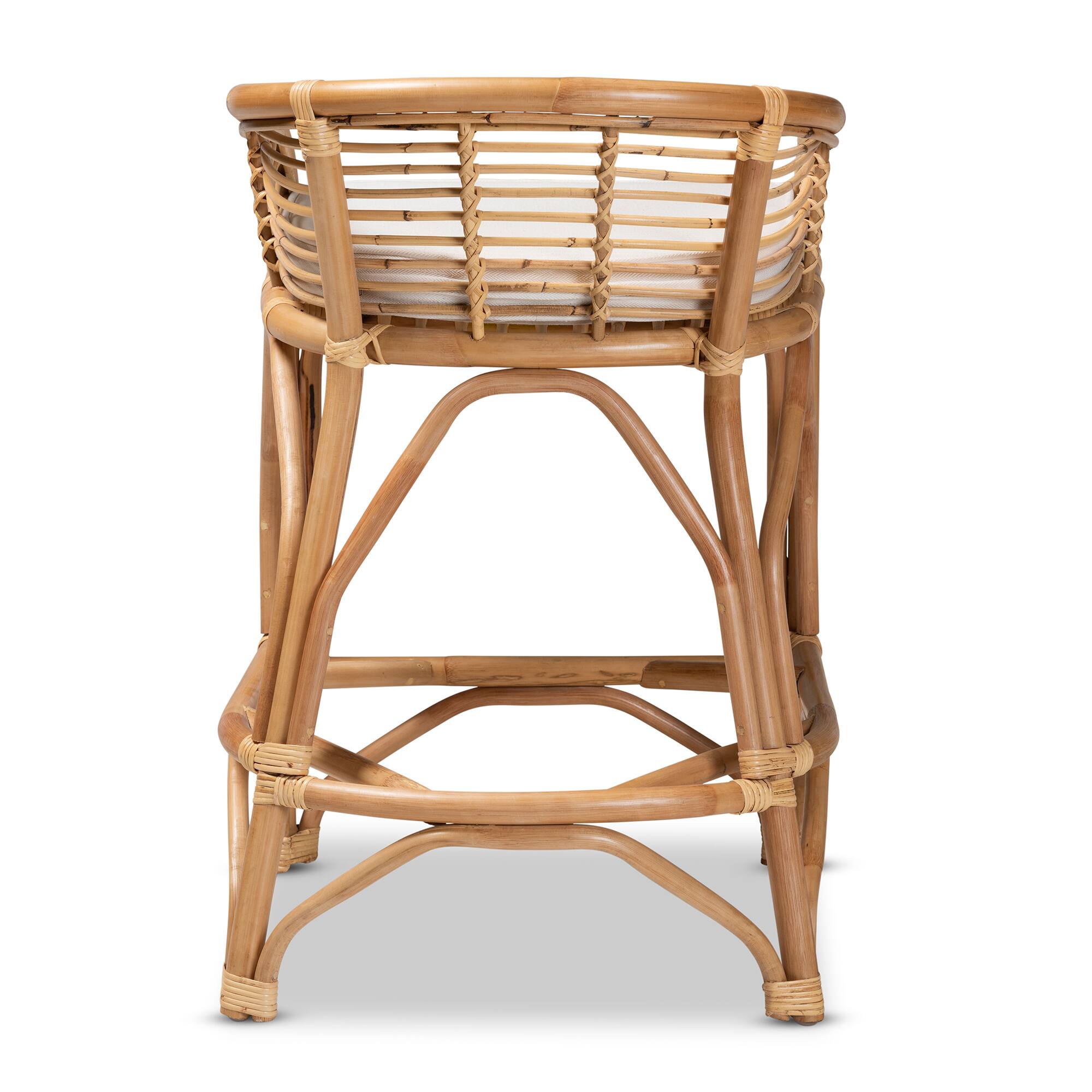 Back. bali & pari - Maverick Modern Bohemian Fabric Upholstered and Natural Rattan Counter Stool - White/Natural Brown.
