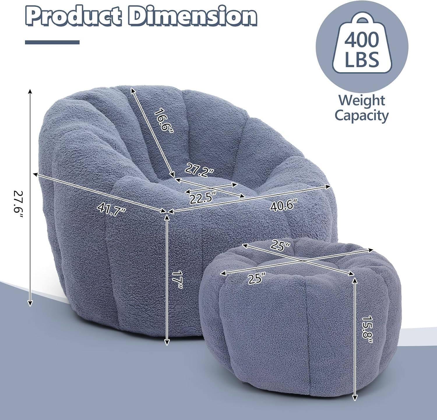 Product Dimension  
400 LBS  
27.6" x 41.7" x 16.6"  
27.2" x 22.5" x 17"  
40.6" x 25" x 25"  
Weight Capacity: 15.8"