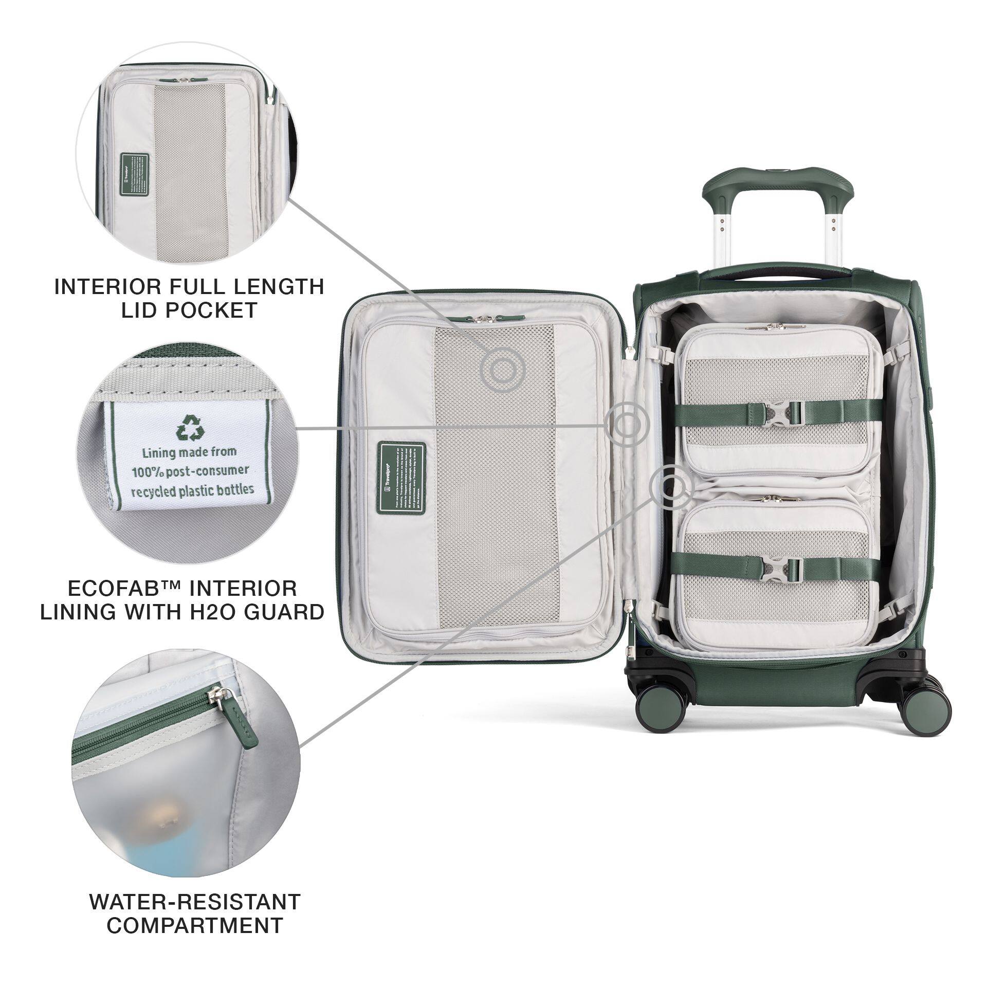 INTERIOR FULL LENGTH LID POCKET

Lining made from 100% post-consumer recycled plastic bottles

ECOFAB™ INTERIOR LINING WITH H2O GUARD

WATER-RESISTANT COMPARTMENT