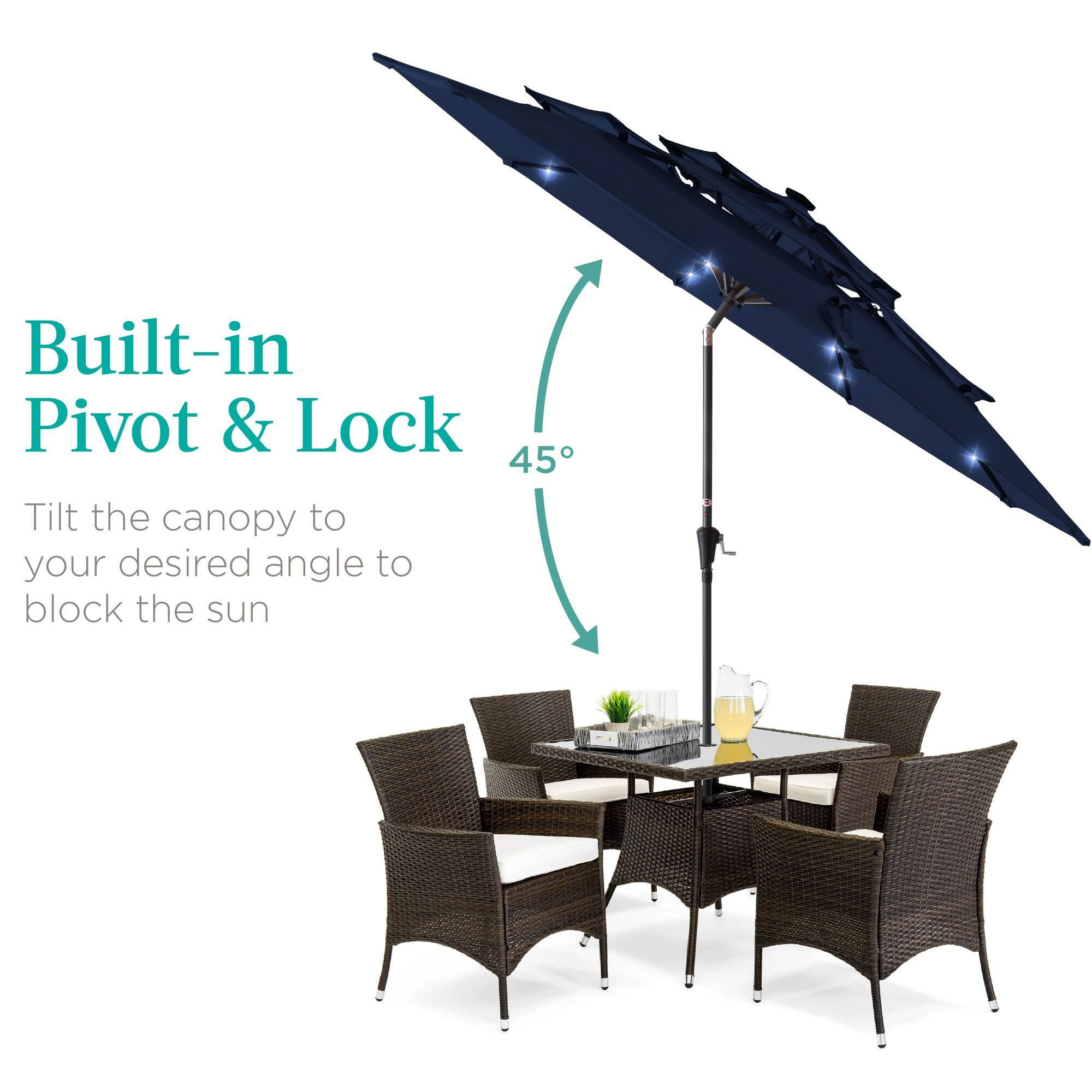 Built-in Pivot & Lock

Tilt the canopy to your desired angle to block the sun

45°