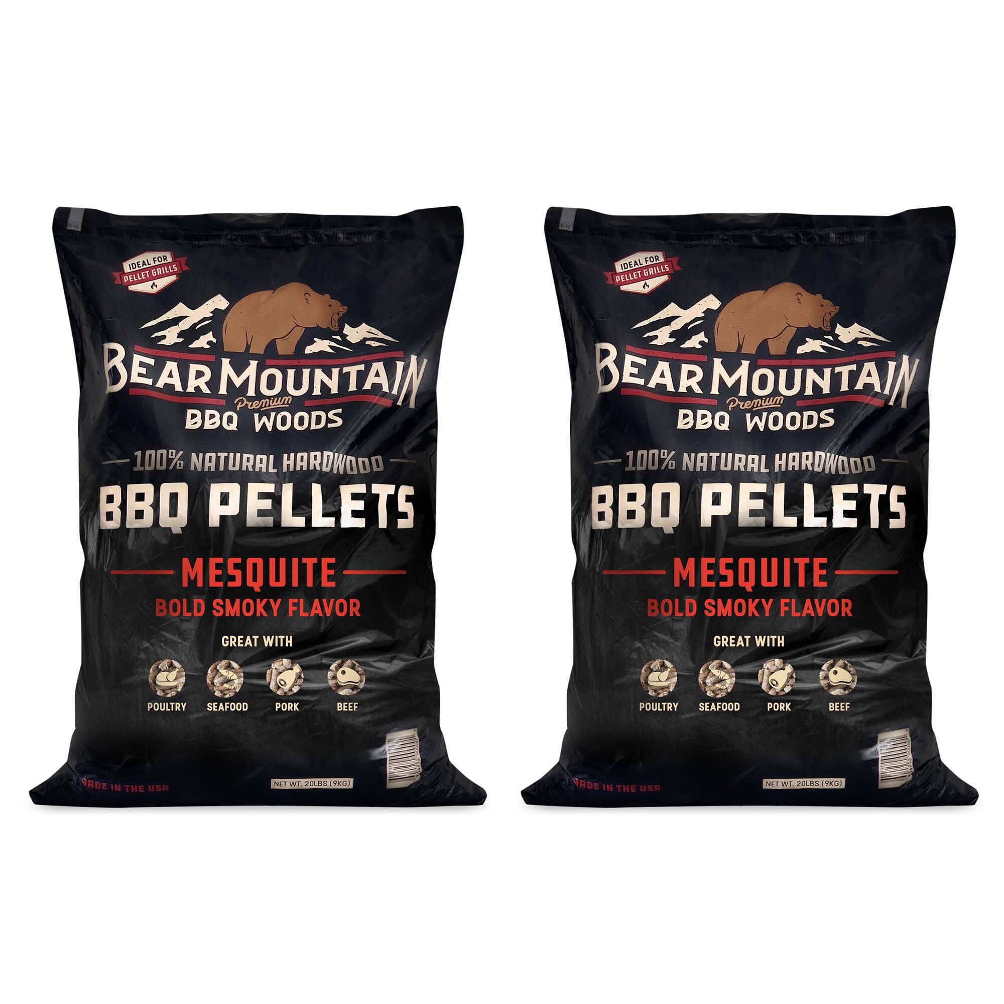 IDEAL FOR PELLET GRILLS  
BEAR MOUNTAIN  
Premium BBQ WOODS  
100% NATURAL HARDWOOD BBQ PELLETS  
MESQUITE BOLD SMOKY FLAVOR  
GREAT WITH POULTRY SEAFOOD PORK BEEF  
MADE IN THE USA  
NET WT. 20 LBS (9.07 KG)