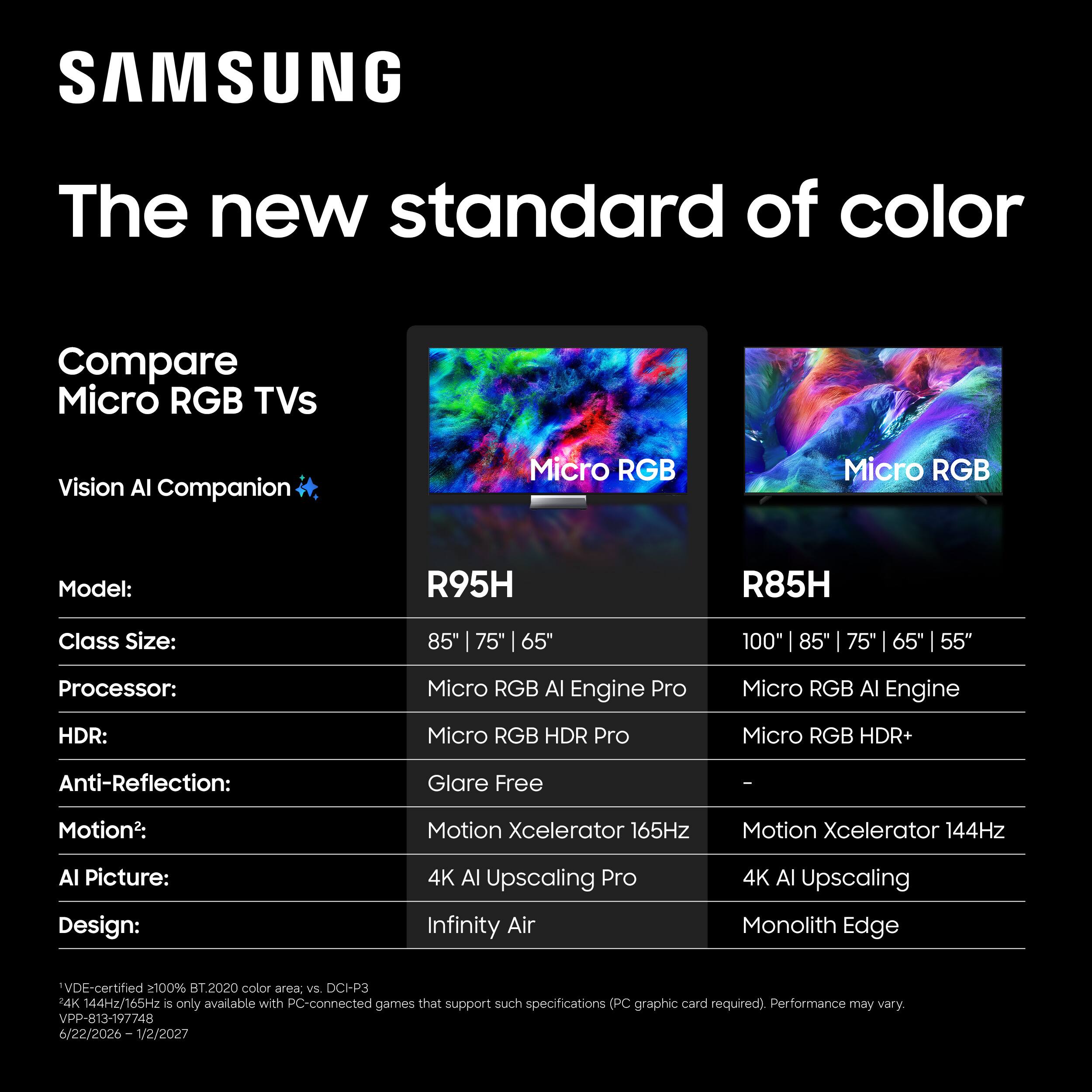 SAMSUNG  
The new standard of color  

Compare Micro RGB TVs  
Vision AI Companion  

Model:  
R95H  
R85H  

Class Size:  
85" | 75" | 65"  
100" | 85" | 75" | 65" | 55"  

Processor:  
Micro RGB AI Engine Pro  
Micro RGB AI Engine  

HDR:  
Micro RGB HDR Pro  
Micro RGB HDR+  

Anti-Reflection:  
Glare Free  

Motion2:  
Motion Xcelerator 165Hz  
Motion Xcelerator 144Hz  

AI Picture:  
4K AI Upscaling Pro  
4K AI Upscaling  

Design:  
Infinity Air  
Monolith Edge  

*VDE-certified 2100% BT.2020 color area, vs. DCI-P3  
4K 144Hz/165Hz is only available with PC-connected games that support such specifications (PC graphic card required). Performance may vary.  
VPP-813-197748 / 22/2026-1/2/2027