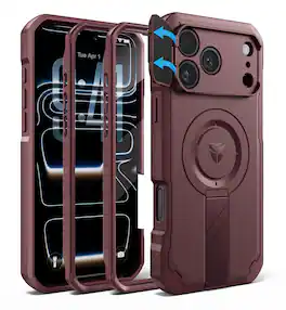 Dexnor - Rugged Case for iPhone 17 Pro Max /18 Pro Max with Camera Cover & Kickstand & Screen Protector, Compatible with MagSafe - Burgundy Red