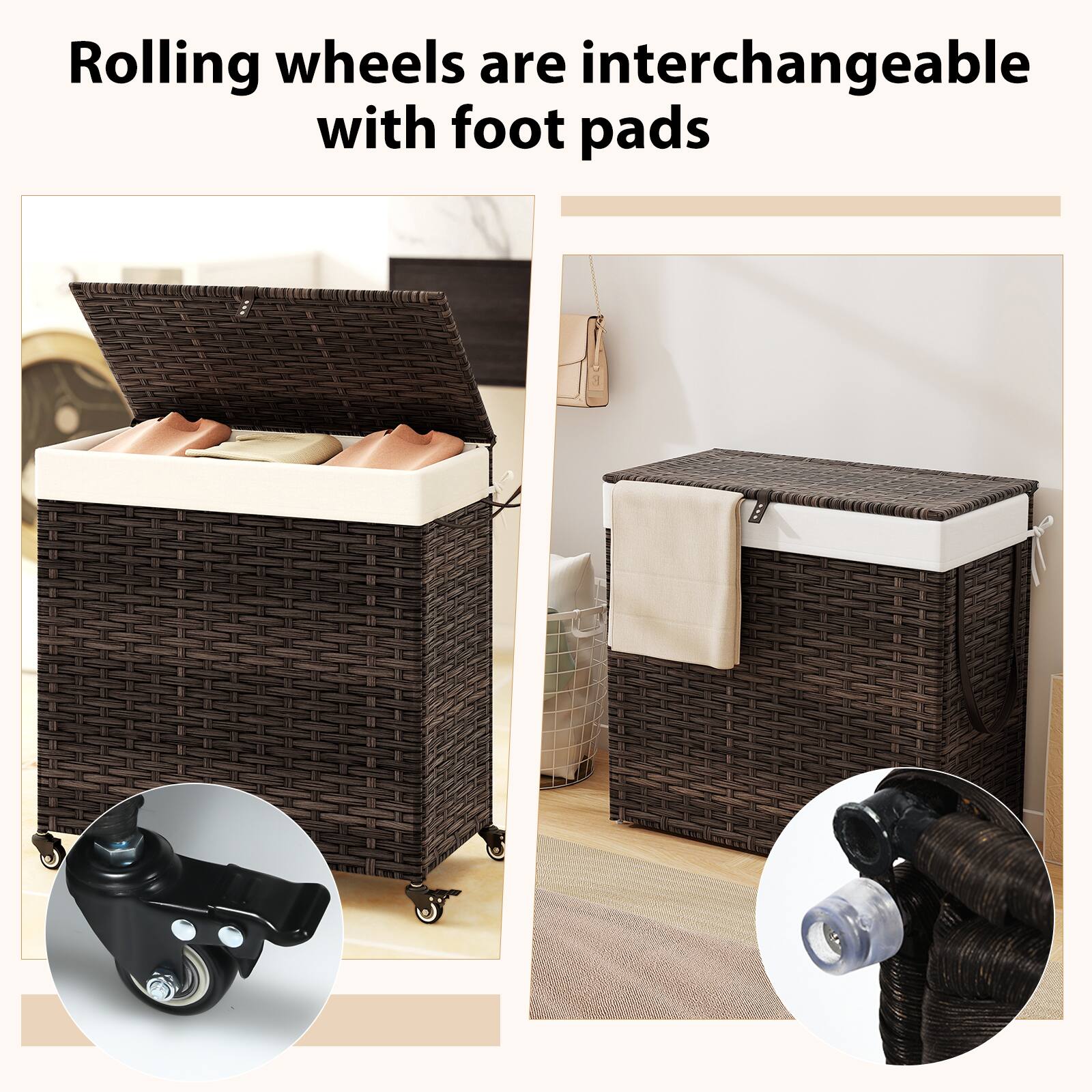 Rolling wheels are interchangeable with foot pads
