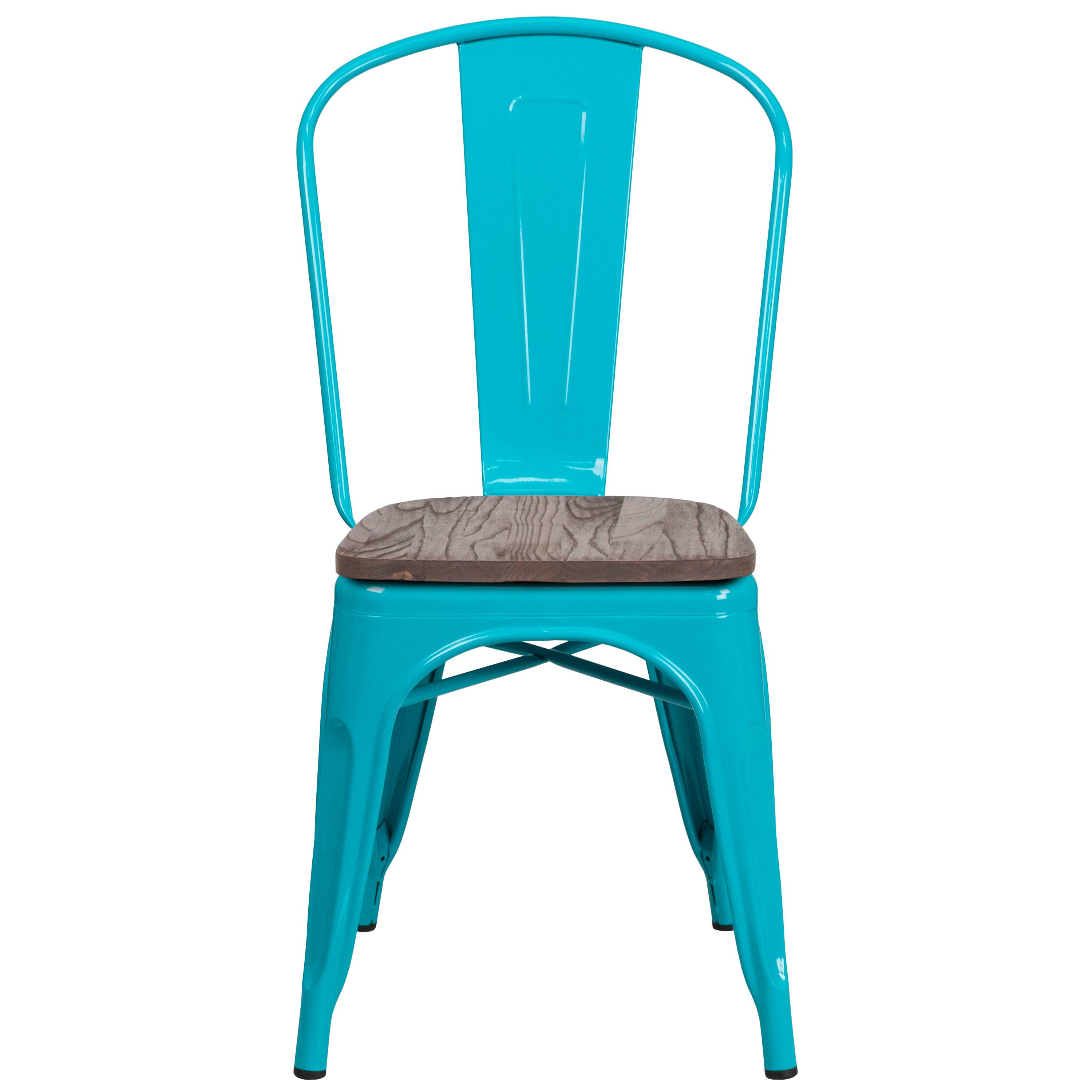 Alt View 5. Emma + Oliver - Colorful Metal Dining Stack Chair with Wood Seat - Crystal Teal-Blue.