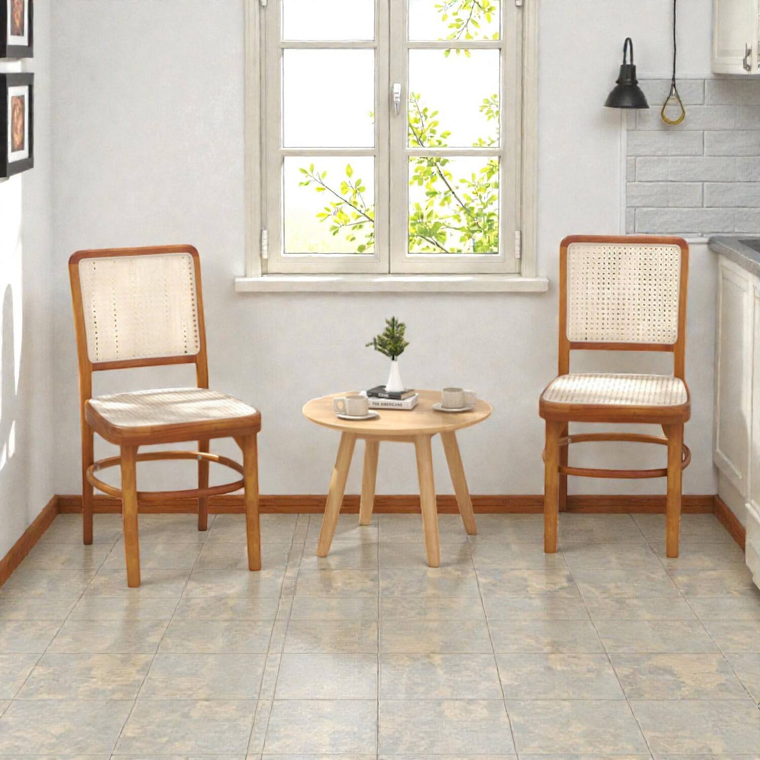 Front. Hivvago - Two-Piece Boho Chair Set Featuring Natural Rattan Weaving and Solid Teak Frames - Natural.