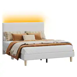 Bestier - Queen Size Upholstered Bed Frame with LED Lights, Adjustable Headboard - Light Gray