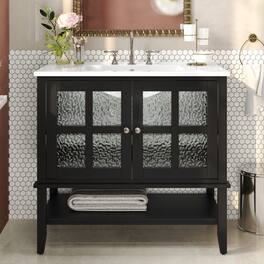 Boyel Living - 36 Inch Bathroom Vanity with Ceramic Sink Adjustable Shelf Solid Wood Legs Soft Close Hinges - Black