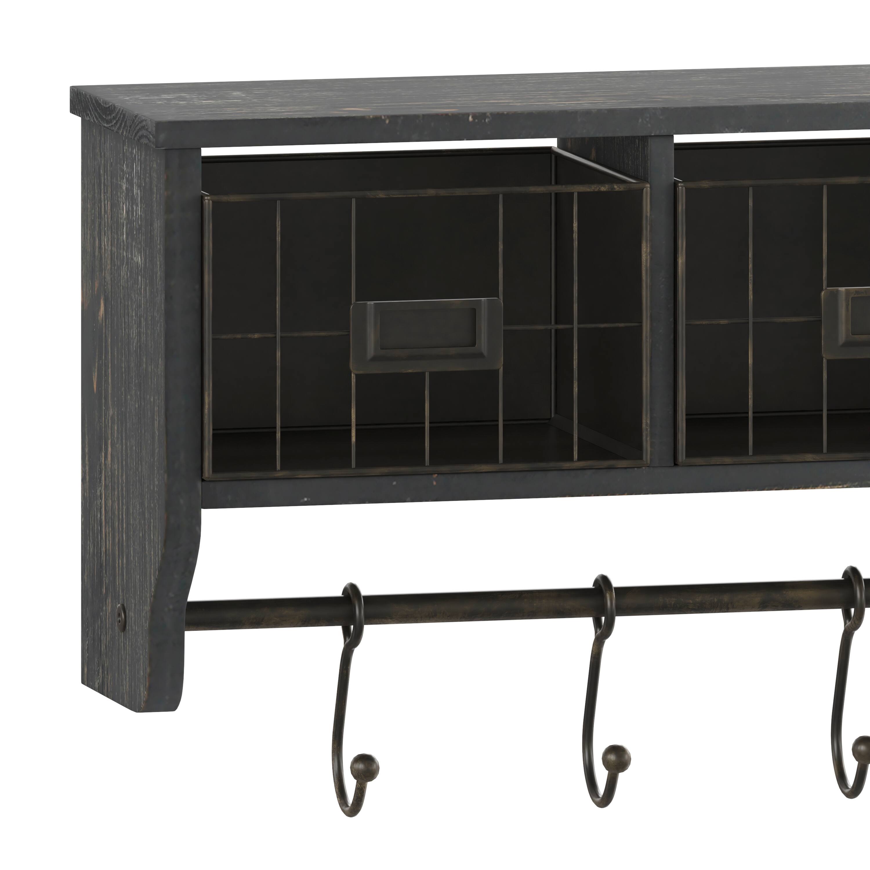 Alt View 10. Emma + Oliver - Mulhall Rustic Country Wall Mounted Shelf with 5 Adjustable Sliding Hooks and Three Wire Storage Baskets - Black Wash.