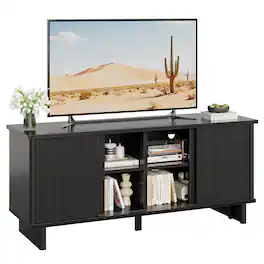 Bestier - Modern Mid-Century 58" TV Stand for TVs up to 65", 4-Door Fluted Media Console with Sliding Doors - Black Grained