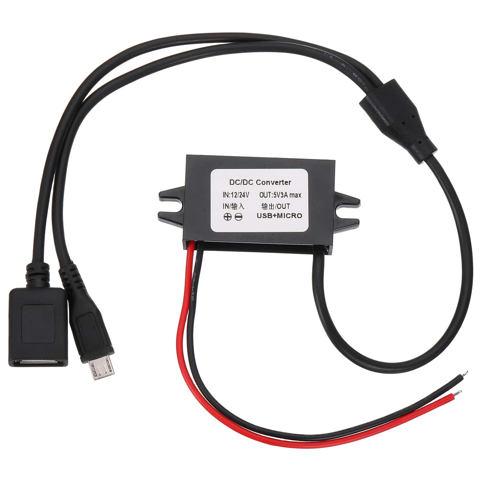 Unique Bargains - DC 12/24V to 5V 3A 15W Step Down Converter with USB + Micro USB Splitter Cable for Car Truck Solar - Black