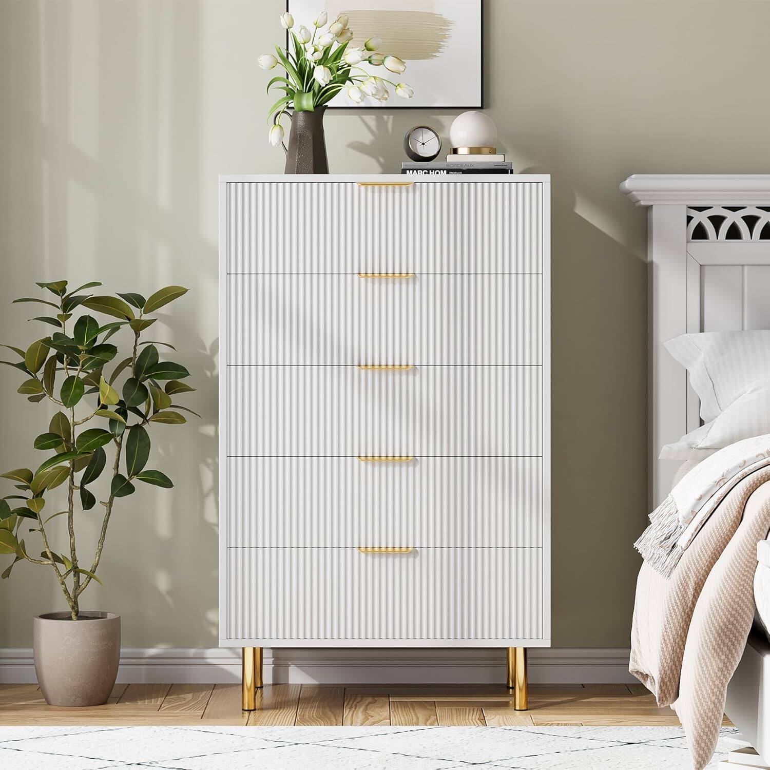 Alt View 4. Qeetex - Modern 5 Drawer Dresser for Bedroom with Gold Handle and Large Drawer, Wood Double Chest of Drawers - White.