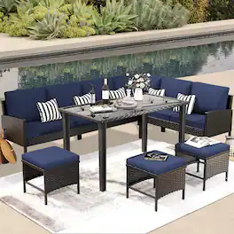 Mondawe - 7-Piece Outdoor Furniture Set With Waterproof Seat Cushion, Glass Table - Blue