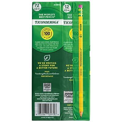 72 #2HB  
THE WORLD'S BEST PENCIL  
TICONDEROGA  
100% OF OUR PENCILS ARE CRAFTED TO STAND THE TEST OF TIME  
CELEBRATE OVER 100 YEARS OF EXCELLENCE  
WE'RE WRITING A BETTER FUTURE  
VISIT: TiconderogaPencils.com/Green  
FOR DETAILS!  
pma  
DEXON TICONDEROGA COMPANY  
APPLETON, WI 54913  
MADE IN MEXICO  

12 #2HB  
THE WORLD'S BEST PENCIL  
TICONDEROGA  
100% OF OUR PENCILS ARE CRAFTED TO STAND THE TEST OF TIME  
CELEBRATE OVER 100 YEARS OF EXCELLENCE  
WE'RE WRITING A BETTER FUTURE  
VISIT: TiconderogaPencils.com/Green  
FOR DETAILS!  
pma  
DEXON TICONDEROGA COMPANY  
APPLETON, WI 54913  
MADE IN MEXICO