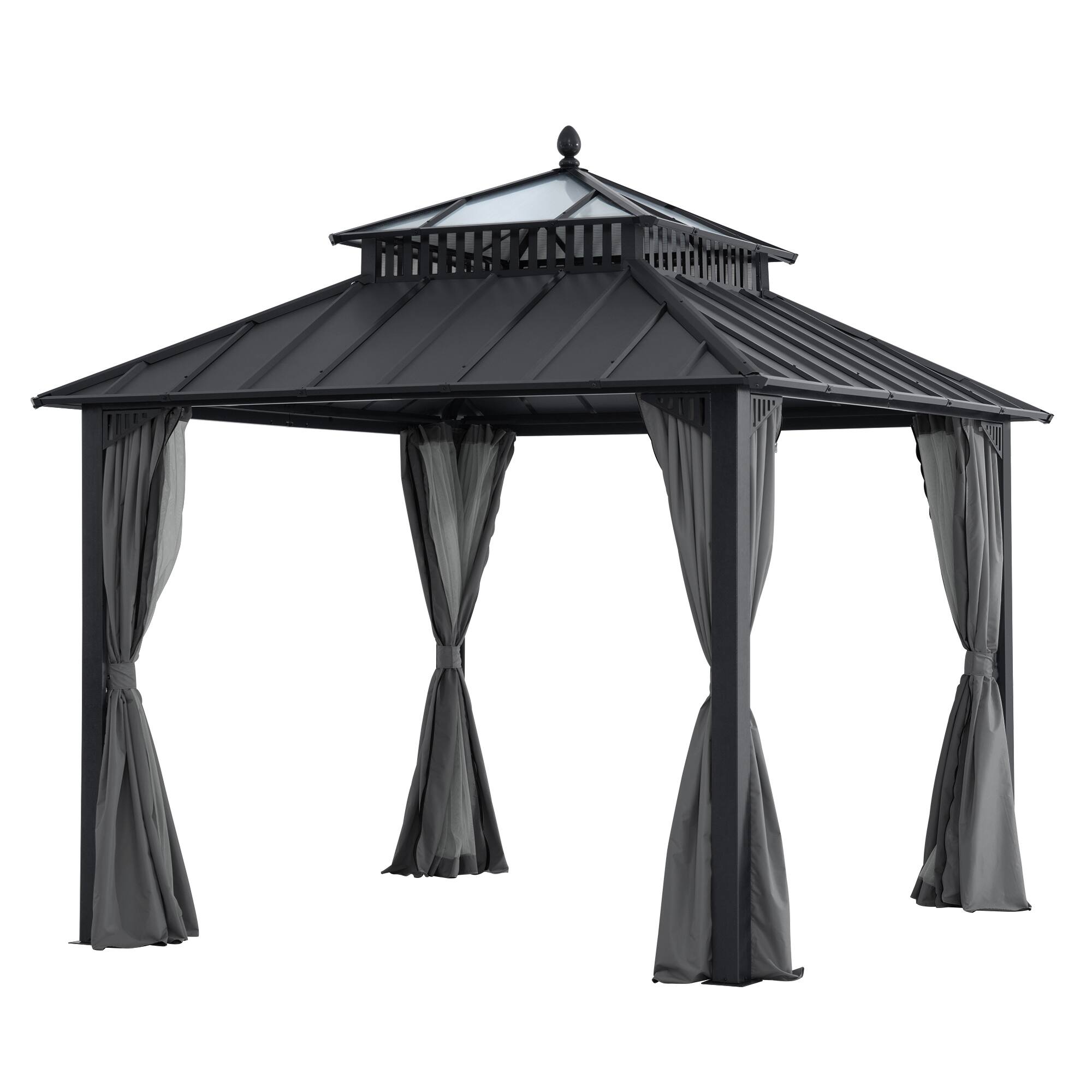 Angle. SUNJOY - SUNJOY Kingston 10x10 Gazebo|Steel & PC Roof Hardtop Gazebo with Curtain and Netting  - Gray Aluminum Posts - Grey.