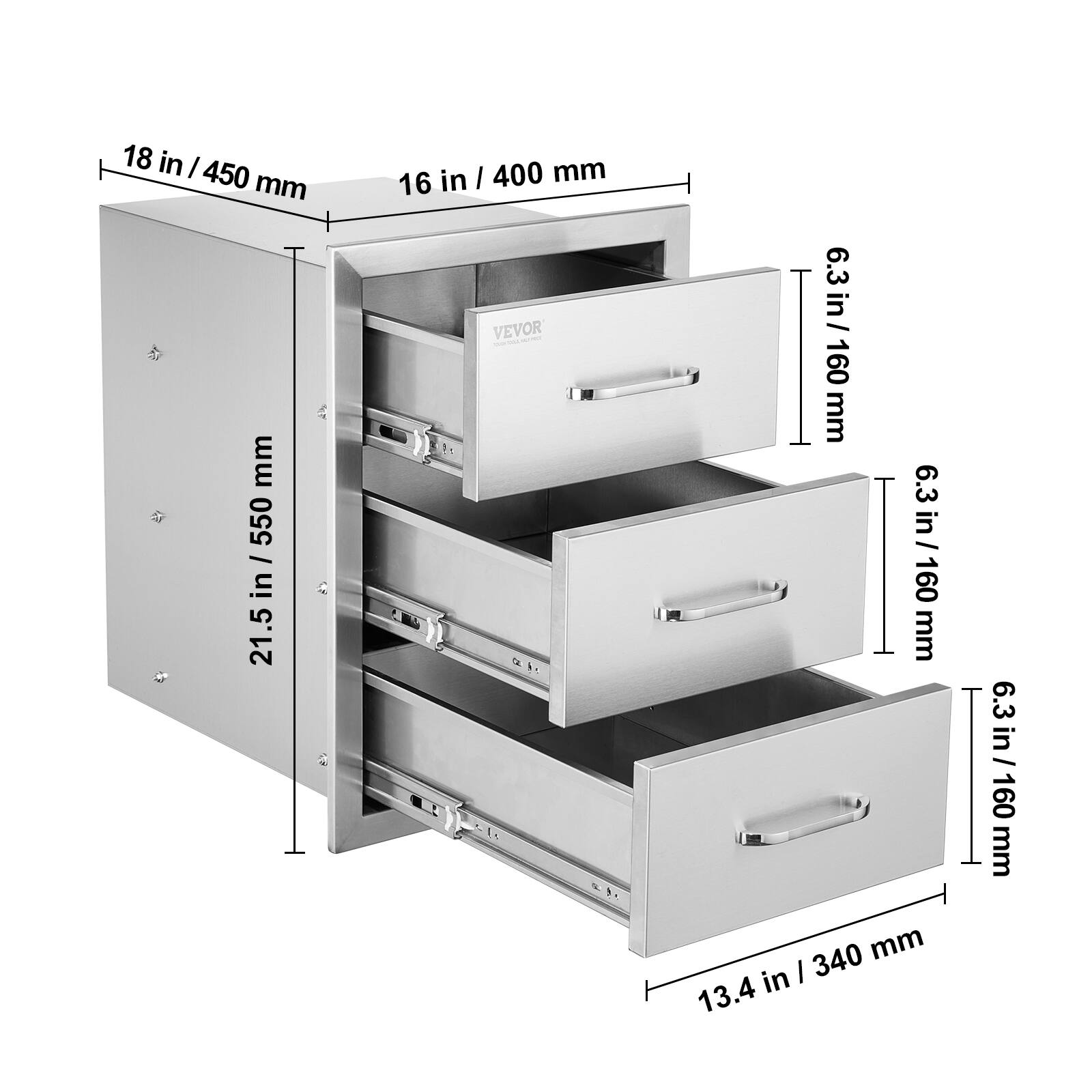 18 in / 450 mm  
16 in / 400 mm  
21.5 in / 550 mm  
6.3 in / 160 mm  
6.3 in / 160 mm  
6.3 in / 160 mm  
13.4 in / 340 mm