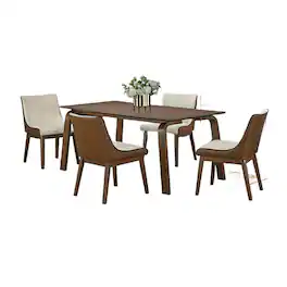 Manhattan Lane - Iken 7pc Dining Table Set, 6 Cream Fabric Chair, Tapered Legs, Brown Wood - Walnut Brown, Cream
