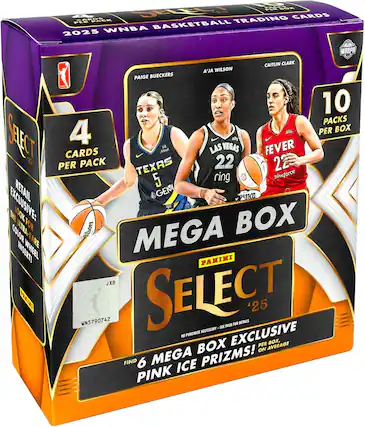 2025 WNBA Basketball Trading Cards
10 Packs per Box
4 Cards per Pack
Retail Exclusive: The 100K Box for Color Ultra-Rare Mega Insert!
Mega Box
Panini Select 25
WN5790742
A'ja Wilson
Caitlin Clark
Paige Bueckers
Find 6 Mega Box Exclusive Pink Ice Prisms!
