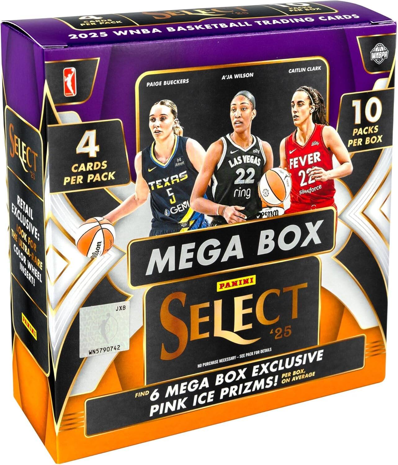 2025 WNBA Basketball Trading Cards

10 Packs per Box

4 Cards per Pack

Retail Exclusive: The 100K Box for Color Ultra-Rare Mega Insert!

Mega Box

Panini Select 25

WN5790742

A'ja Wilson
Caitlin Clark
Paige Bueckers

Find 6 Mega Box Exclusive Pink Ice Prisms!