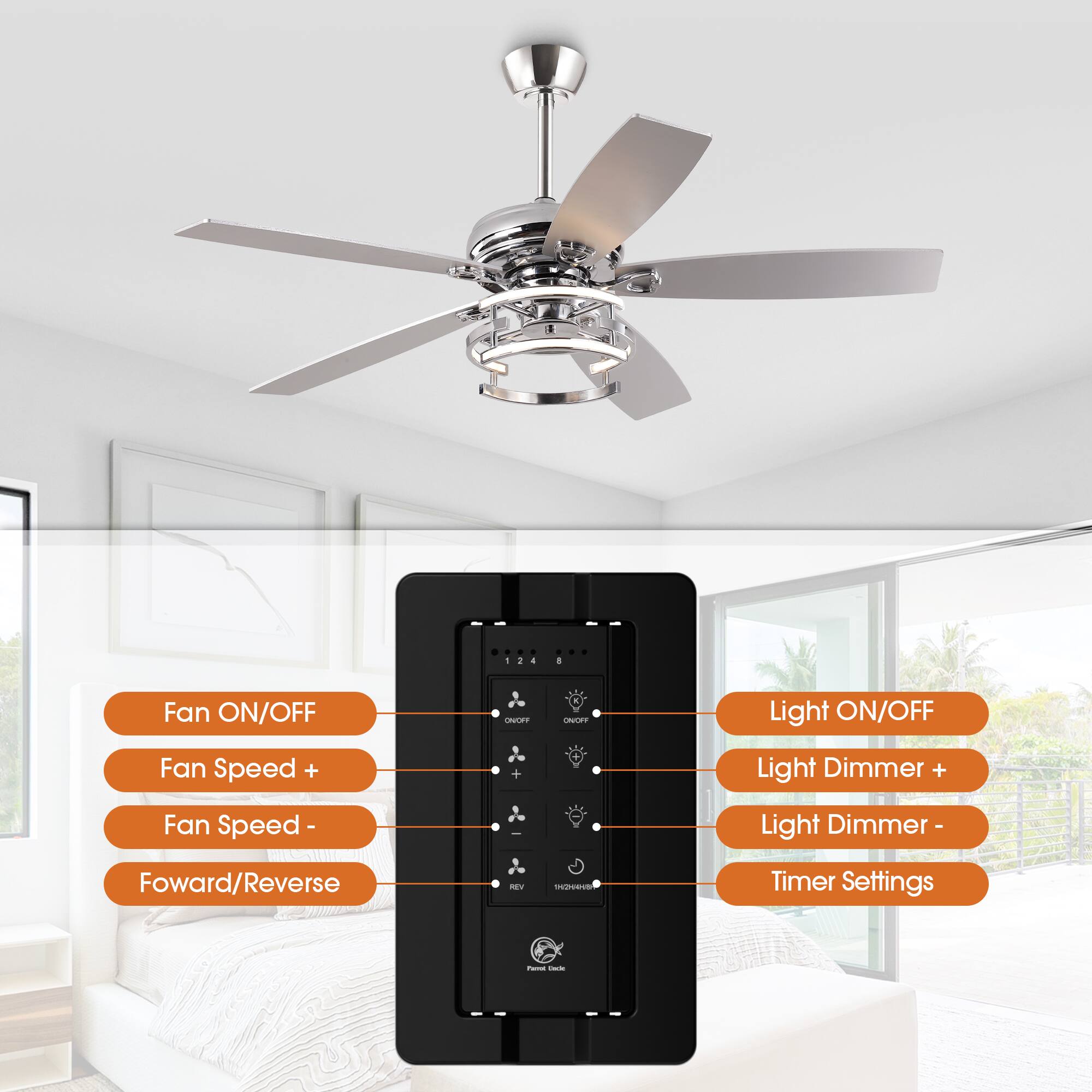 - Fan ON/OFF
- Fan Speed +
- Fan Speed -
- Forward/Reverse
- Light ON/OFF
- Light Dimmer +
- Light Dimmer -
- Timer Settings