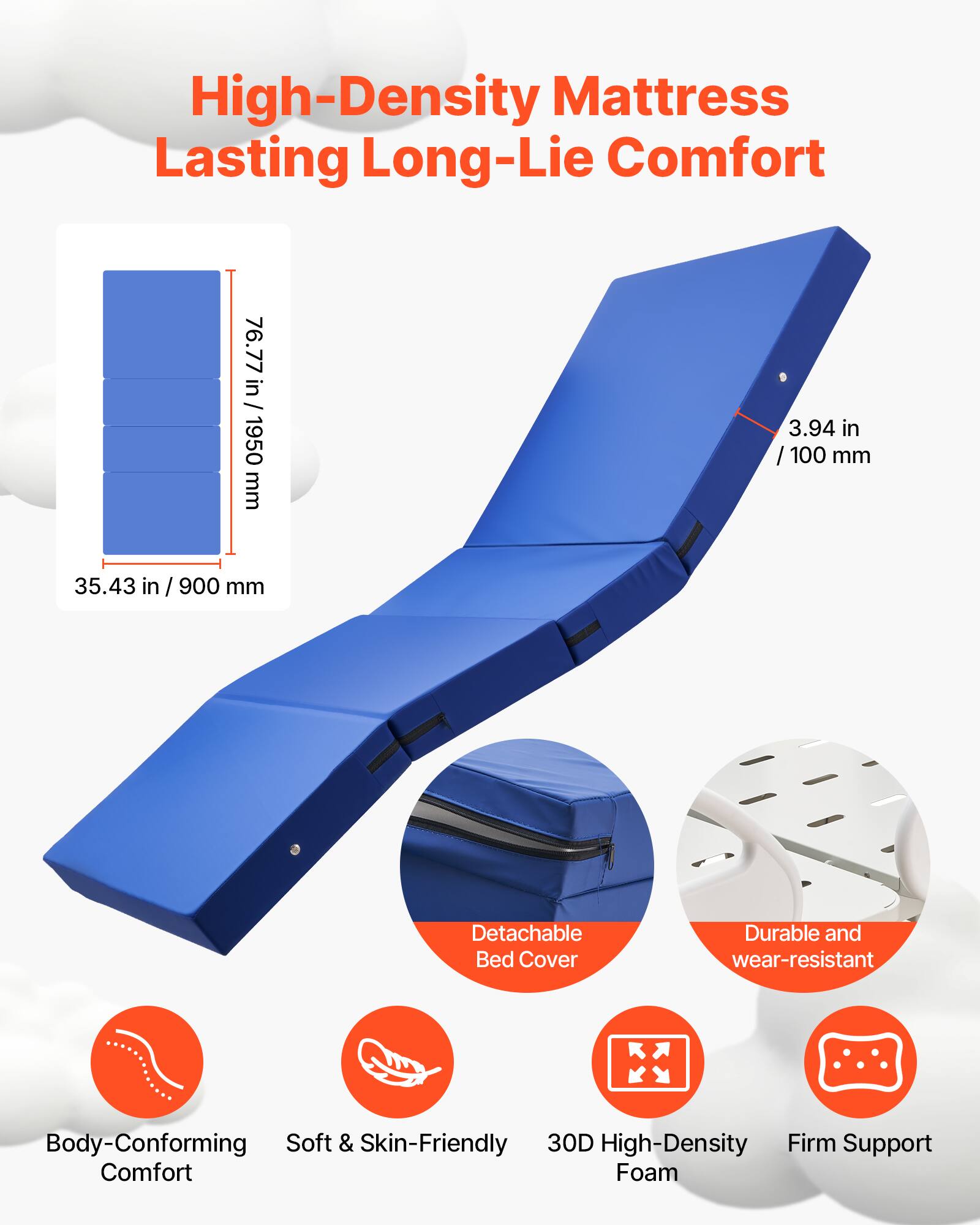 High-Density Mattress Lasting Long-Lie Comfort

- 76.77 in / 1950 mm
- 3.94 in / 100 mm
- 35.43 in / 900 mm

Features:
- Detachable Bed Cover
- Durable and wear-resistant
- Body-Conforming Soft & Skin-Friendly
- 30D High-Density Firm Support Comfort Foam