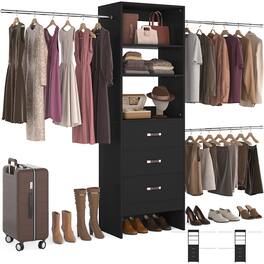 Aheaplus - 96-inch Closet System: 3 Hanging Rods & 3 Wooden Drawers, Adjustable for 5-8FT Walk-in Wardrobe - Black